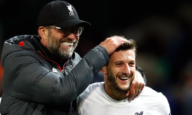 Jürgen Klopp celebrates with Adam Lallana after the midfielder rescued Liverpool from defeat against Manchester United in October