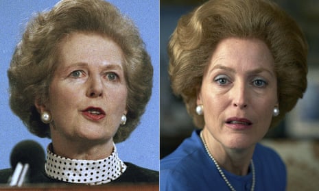 Margaret Thatcher, left, and Gillian Anderson portraying her in a scene from the fourth season of The Crown.
