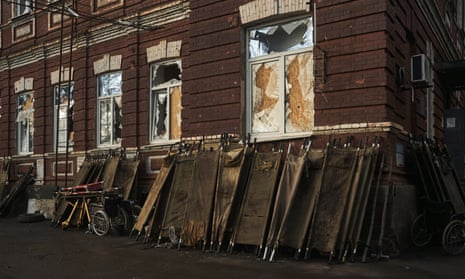 Stretchers outside of a city hospital in Bakhmut where wounded Ukrainian soldiers are brought for treatment