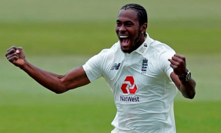 Jofra Archer celebrates after trapping West Indies’ Shamarh Brooks lbw for a duck.