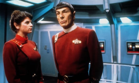 Kirstie Alley and Leonard Nimoy in Star Trek II: The Wrath of Khan, 1982.