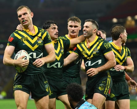 Tom Trbojevic celebrates scoring a try during the Men’s Rugby League World Cup Group A match between Australia and Fiji at Suncorp Stadium.