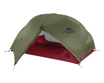 A khaki green MSR Hubba Hubba NX Tent
