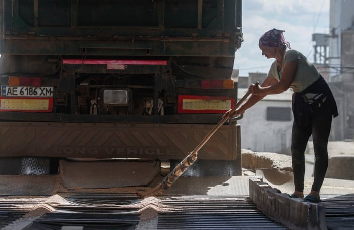 A woman at work during the uploading of Ukraine’s wheat at a grain storage facility in occupied Melitopol.