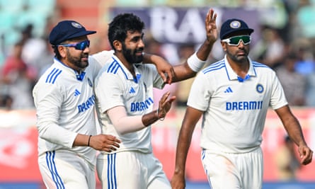 Jasprit Bumrah celebrates an England wicket in Visakhapatnam