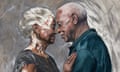 A painting of two older Black people, a man and a woman, dancing close with their foreheads touching, smiling at each other.