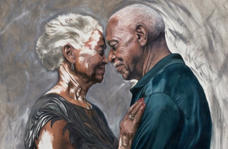 A painting of two older Black people, a man and a woman, dancing close with their foreheads touching, smiling at each other.