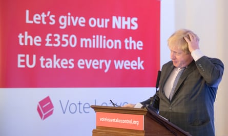 Boris Johnson stands in front of the Vote Leave poster explicitly promising to give the NHS the £350m the EU takes every week.