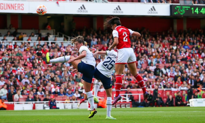 Rafaelle Souza of Arsenal (right) heads home the Gunners’ third goal.