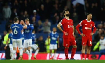 Mohamed Salah looks to the skies after Dominic Calvert-Lewin scores Everton’s second goal