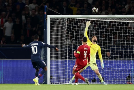 Paris St Germain's Ousmane Dembele misses a chance to score by firing over the bar.