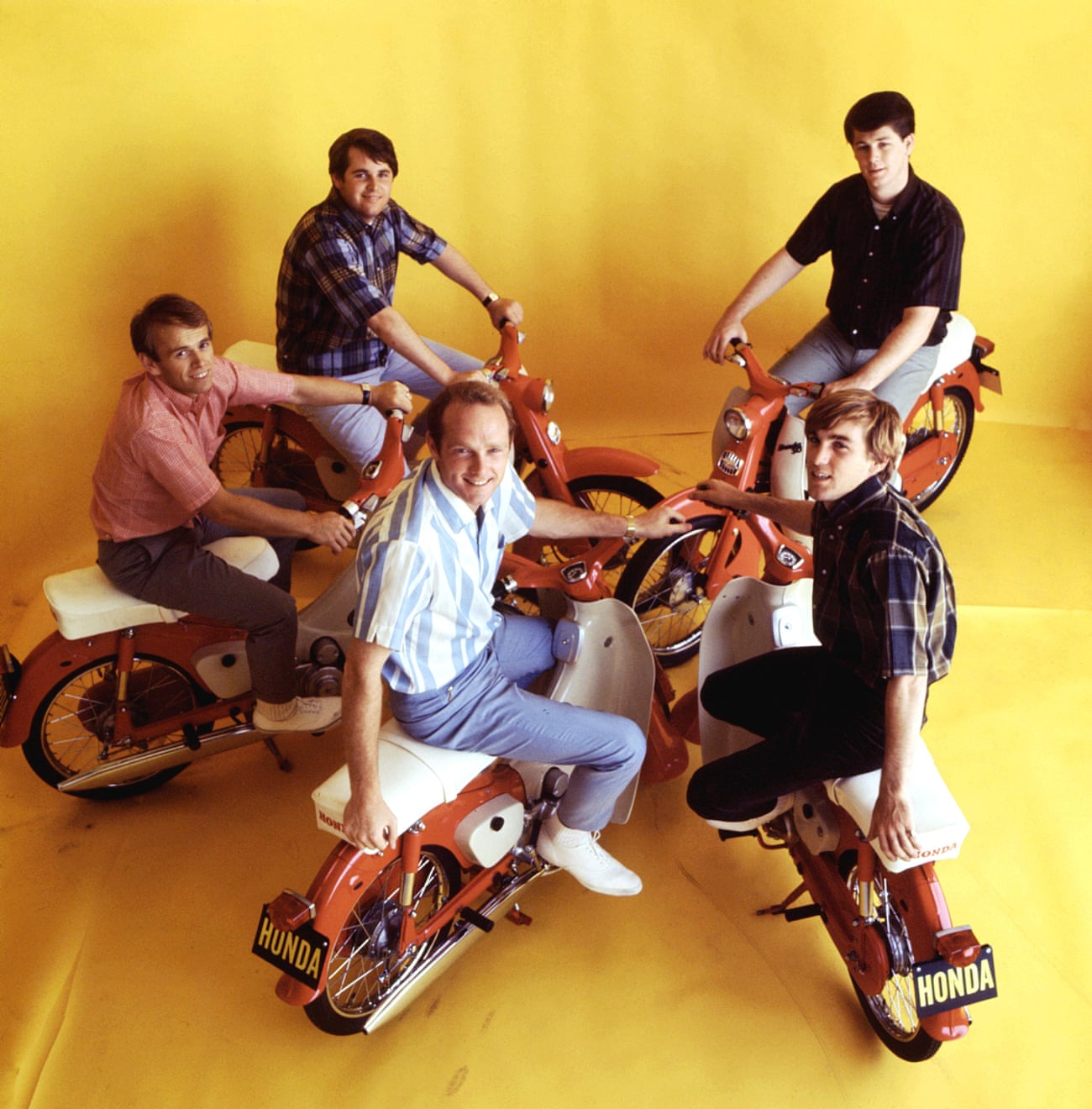 Little Hondas … Clockwise from front right: Dennis Wilson, Mike Love, Al Jardine, Carl Wilson and Brian Wilson.