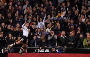 Ferran Torres celebrates after scoring for Valencia against Villarreal at Mestalla in November 2019.
