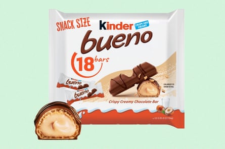 White, brown and red packaging for Kinder Bueno bars