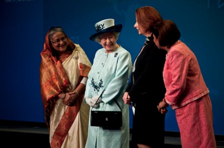 Bangladesh’s prime minister Sheikh Hasina; the Queen; the Australian prime minister, Julia Gillard; and Trinidad and Tobago’s prime minister, Kamla Persad-Bissessar, pose for the official female leaders’ photograph at the Commonwealth Heads of Government Meeting in Perth, Australia, in 2011.