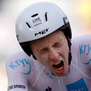 Tadej Pogacar of the UAE-Team Emirates wearing the best young rider’s white jersey crosses the finish line to win the 20th stage an individual time trial from Lure to La Planche des Belles Filles andt take the overall leader’s yellow jersey.