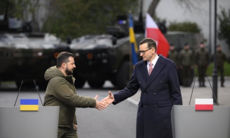 Zelenskiy meets with Polish prime minister Mateusz Morawiecki in Warsaw, Poland.