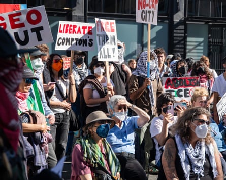 A protest outside 111 Taylor Street.