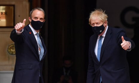Boris Johnson and Dominic Raab arriving at the G7 summit in London, 5 May.