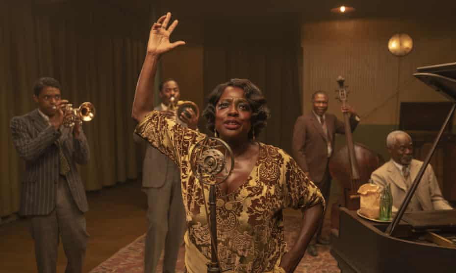 Viola Davis, centre, as Ma Rainey, with (l-r) Chadwick Boseman, Glynn Turman, Colman Domingo and Michael Potts in Ma Rainey’s Black Bottom.