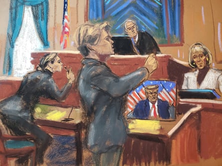 Roberta Kaplan questions her client as Donald Trump’s lawyer Alina Habba objects during their second civil defamation trial in New York last month.