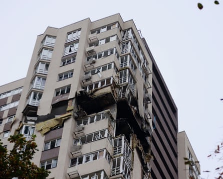 A high-rise apartment damaged by a Russian drone in Kyiv.
