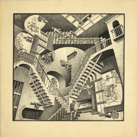 detail of Relativity, 1953, by MC Escher. Figures walk up and down flights of stairs set in a triangle, but the perspective of what is up and what is down is constantly shifting