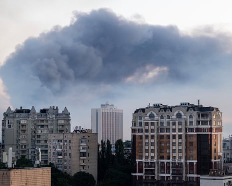 Smoke is seen as two major fires burn after a drone and missile attack by Russian forces on July 2, 2026 in Kyiv, Ukraine.