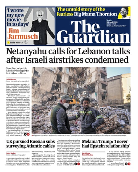 Guardian front page, Friday 10 April 2026