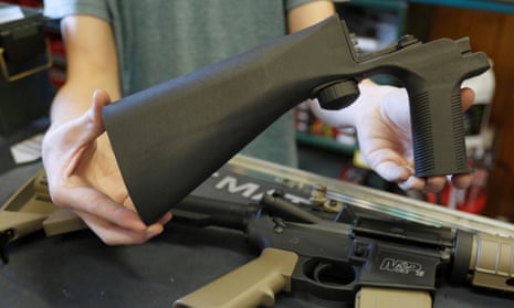 A bump fire stock attaches to a semi-automatic assault rifle to increase the firing rate.