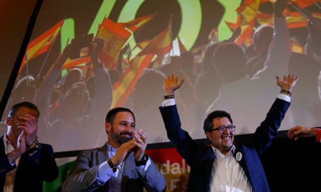 Spain’s far-right Vox party leader Santiago Abascal and regional candidate Francisco Serrano celebrate after the Andalusian regional elections in December.