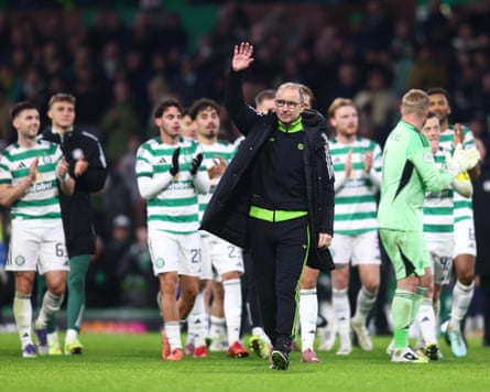 Martin O’Neill waves to the Celtic supporters at the end of his last match in charge
