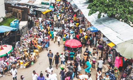 Busy downtown market streets in Lagos, Nigeria