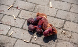 A child’s toy left behind at the Kramatorsk train station where a Russian missile attack struck.