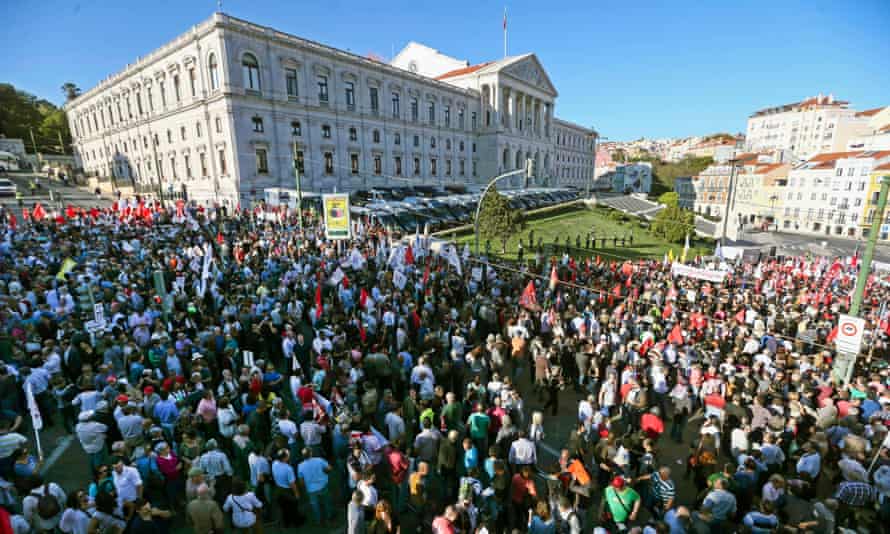 A protest outside the Portuguese parliament building in Lisbon ahead of the vote.