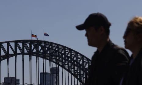 The Australian flag and the Aboriginal flag are flown at half-mast on the Sydney Harbour Bridge following the death of Britain's Queen Elizabeth, in Sydney, Australia.