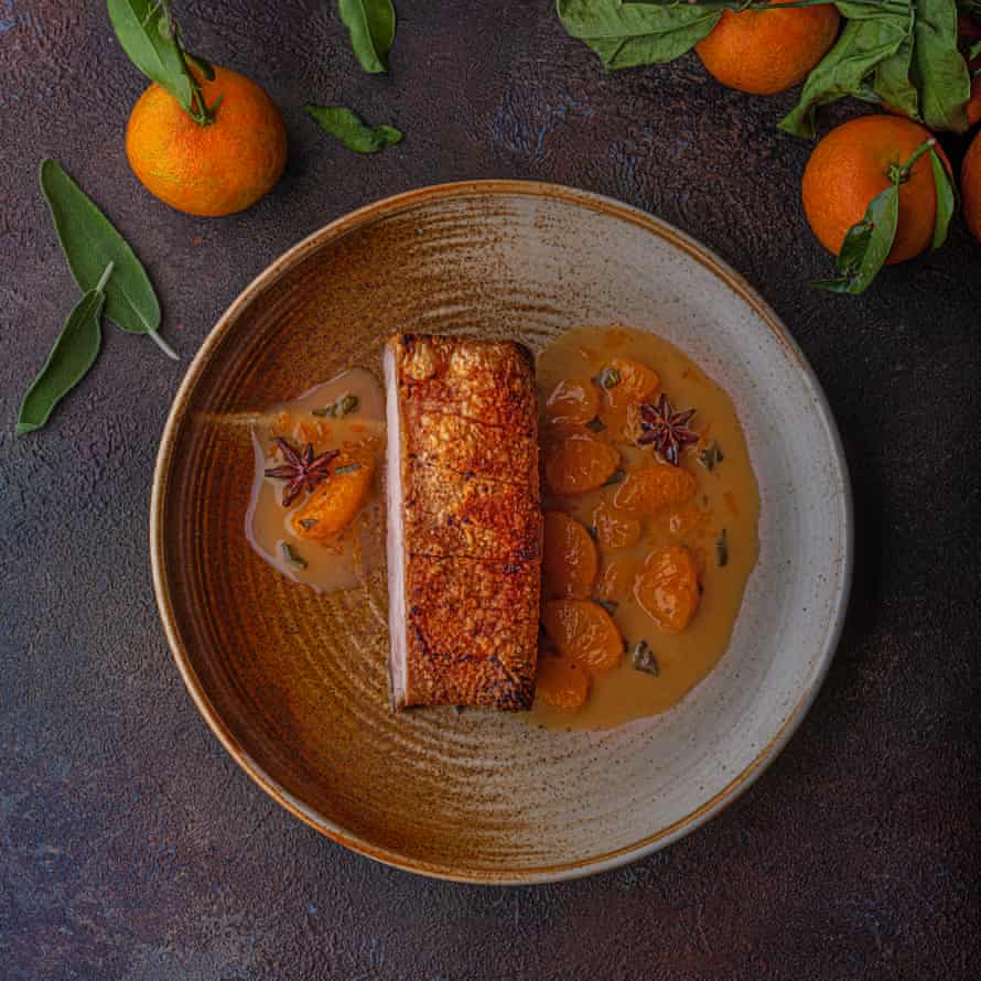 Roast pork belly, clementine, sage, star anise. Food styling by Sophie Hammond.