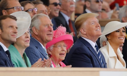‘Britain is choosing to reassert a closed-off version of its own national wartime myth.’ Macron, May, Prince Charles, the Queen and the Trumps watch a flyover during D-day commemorations.