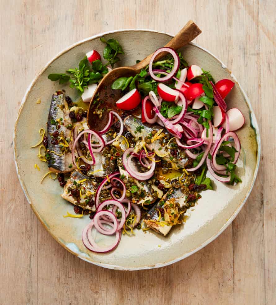Yotam Ottolenghi’s marinated sardines with radish and watercress salad.