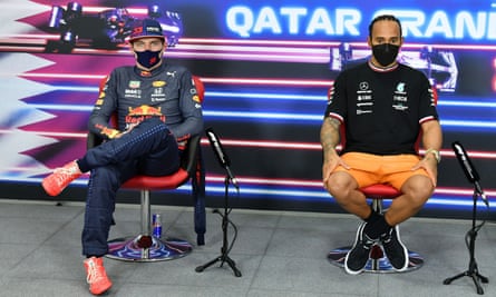Lewis Hamilton (right) and Max Verstappen after the Briton won the Qatar Grand Prix to cut his rival’s lead to eight points.