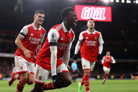 Eddie Nketiah of Arsenal celebrates after scoring his side’s third goal against West Ham during a 3-1 win at the Emirates Stadium