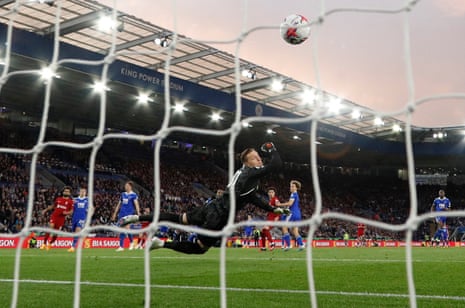 A shot from Curtis Jones flies past Leicester City goalkeeper Daniel Iversen for his and Liverpool's second goal of the game.