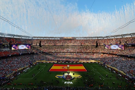 Fireworks go off at New York New Jersey Stadium as Spain’s Rodri lifts the World Cup.