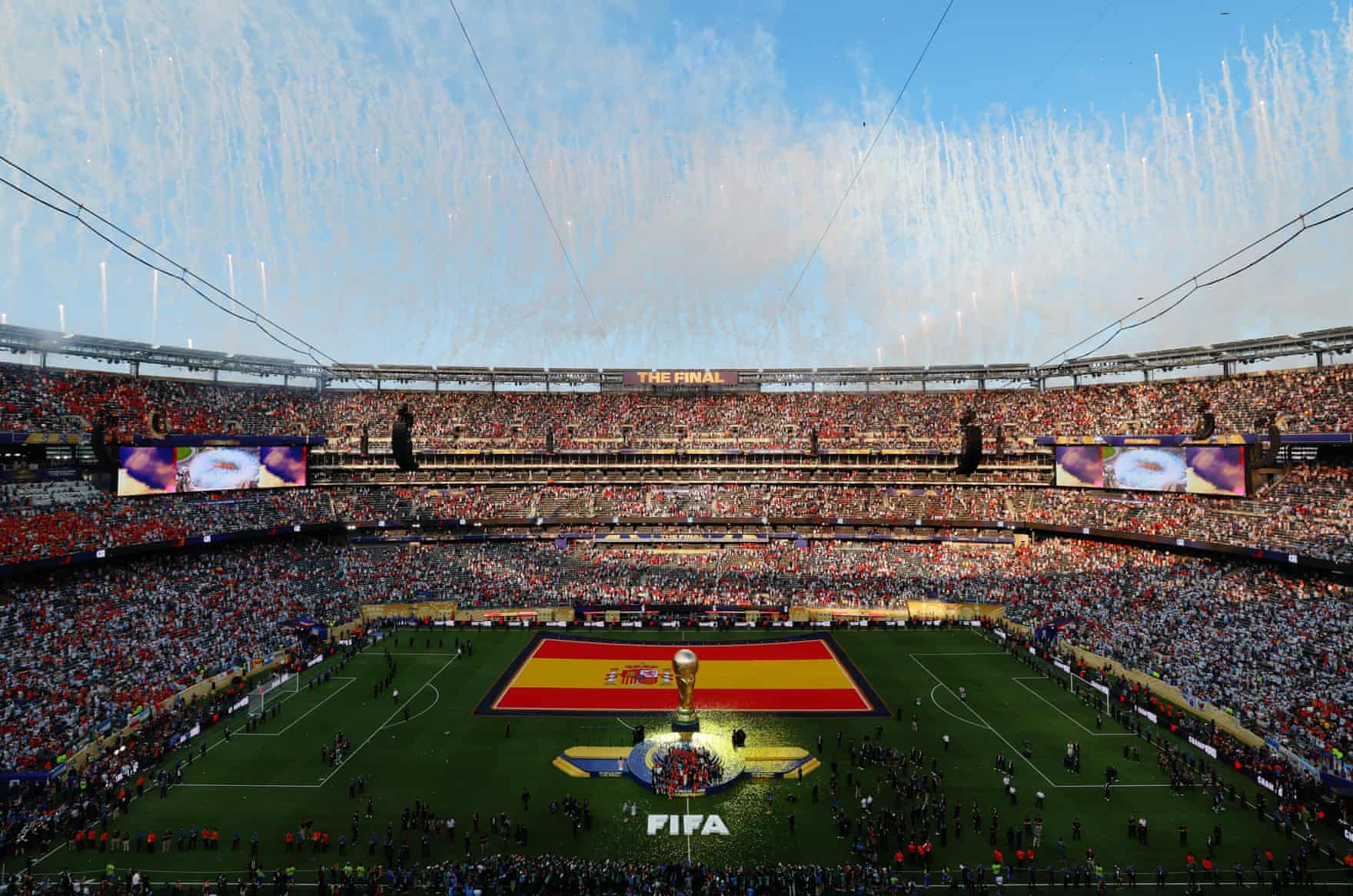 Fireworks go off at New York New Jersey Stadium as Spain’s Rodri lifts the World Cup.