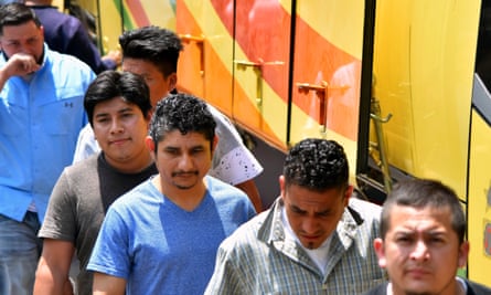 Salvadorans deported from the US arriving at the migrants’ attention centre in San Salvador.