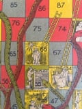 Detail of a snakes and ladders board game Lucinda Holdforth encountered while holidaying in New South Wales. It contains virtues and vices, and is believed to date to the 1930s