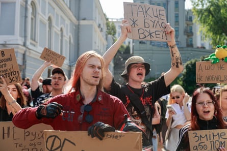 Protesters gather outside the office of the president of Ukraine in Kyiv.