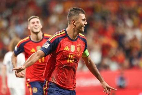 Rodri celebrates scoring Spain’s second.