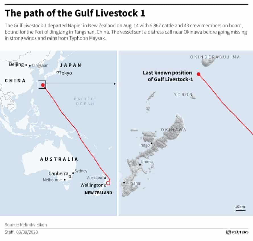 The path of the Gulf Livestock 1 before it disappeared due to Typhoon Maysak near the island of Okinawa