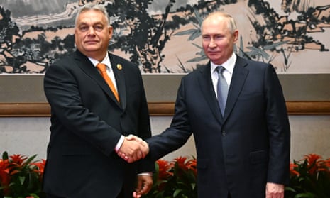 Viktor Orbán and Vladimir Putin shaking hands.
